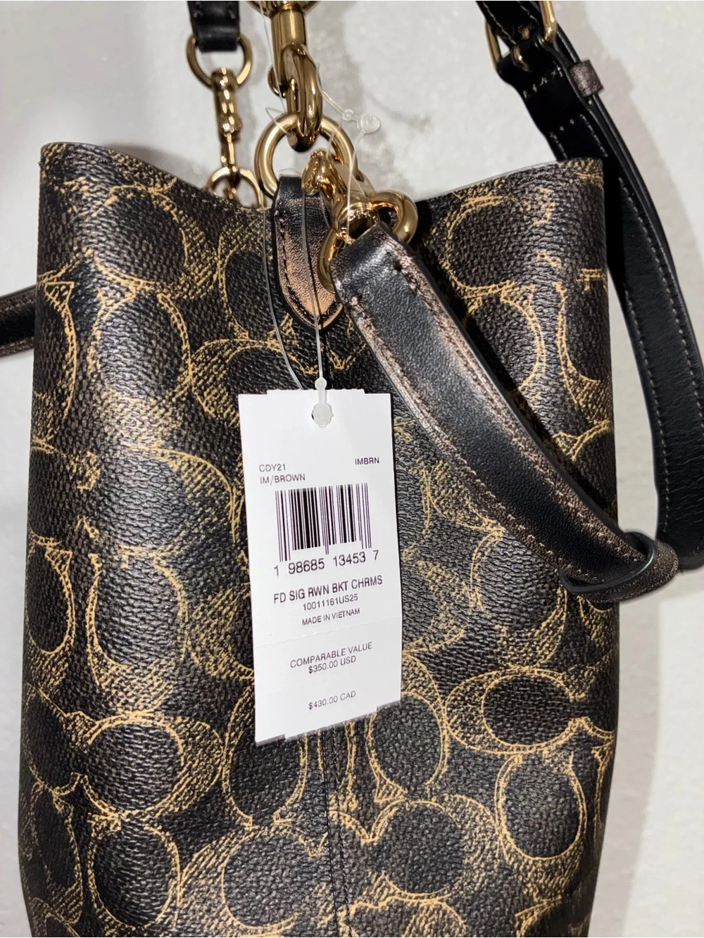 Coach Brown Signature Drawstring Crossbody Bucket Bag with Gold Hardware